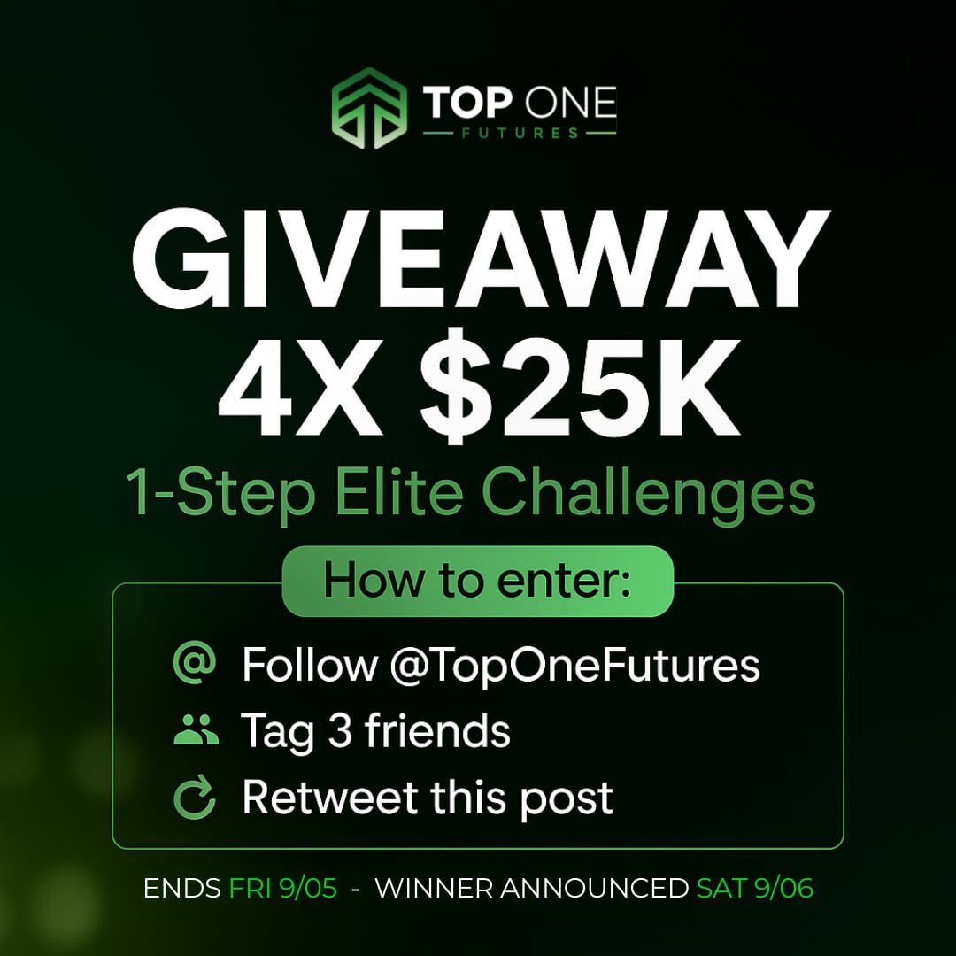 TopOneFutures's tweet image. GIVEAWAY ALERT! 🎉

We’re giving away 4x $25K 1-Step Elite Challenge Accounts to help traders scale faster! 📈💸

How to Enter:
1️⃣ Follow @TopOneFutures
2️⃣ Tag 3 friends
3️⃣ Retweet this post 🔁

⏳ Entries close Friday, 9/05
🏆 Winners announced Saturday, 9/06

Your shot at a…