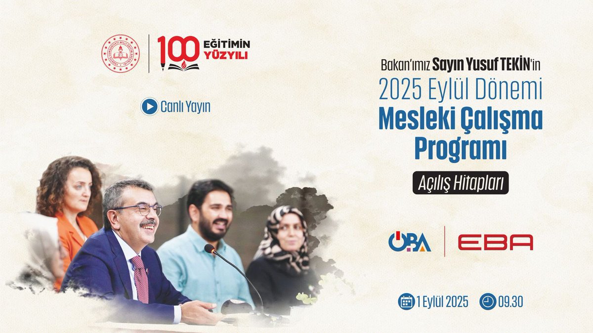 Millî Eğitim Bakanımız Sayın Yusuf TEKİN “2025-2026 Eğitim Öğretim Yılı Eylül Dönemi Mesleki Çalışma Programı” Dolayısıyla Canlı Yayında Öğretmenlere Hitap Edecek

🗓️ 1 Eylül (yarın)

⏰ 09.30

📡 Öğretmen Bilişim Ağı “ÖBA” ve Eğitim Bilişim Ağı “EBA”

#EğitimleYükselenKepez