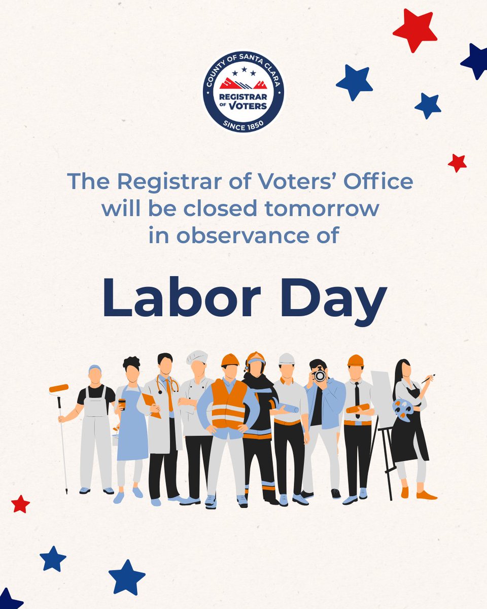 The Registrar of Voters’ Office will be closed on Monday, September 1st in observance of Labor Day. We will reopen on Tuesday, September 2nd at 8:00 a.m.

#sccvote #laborday