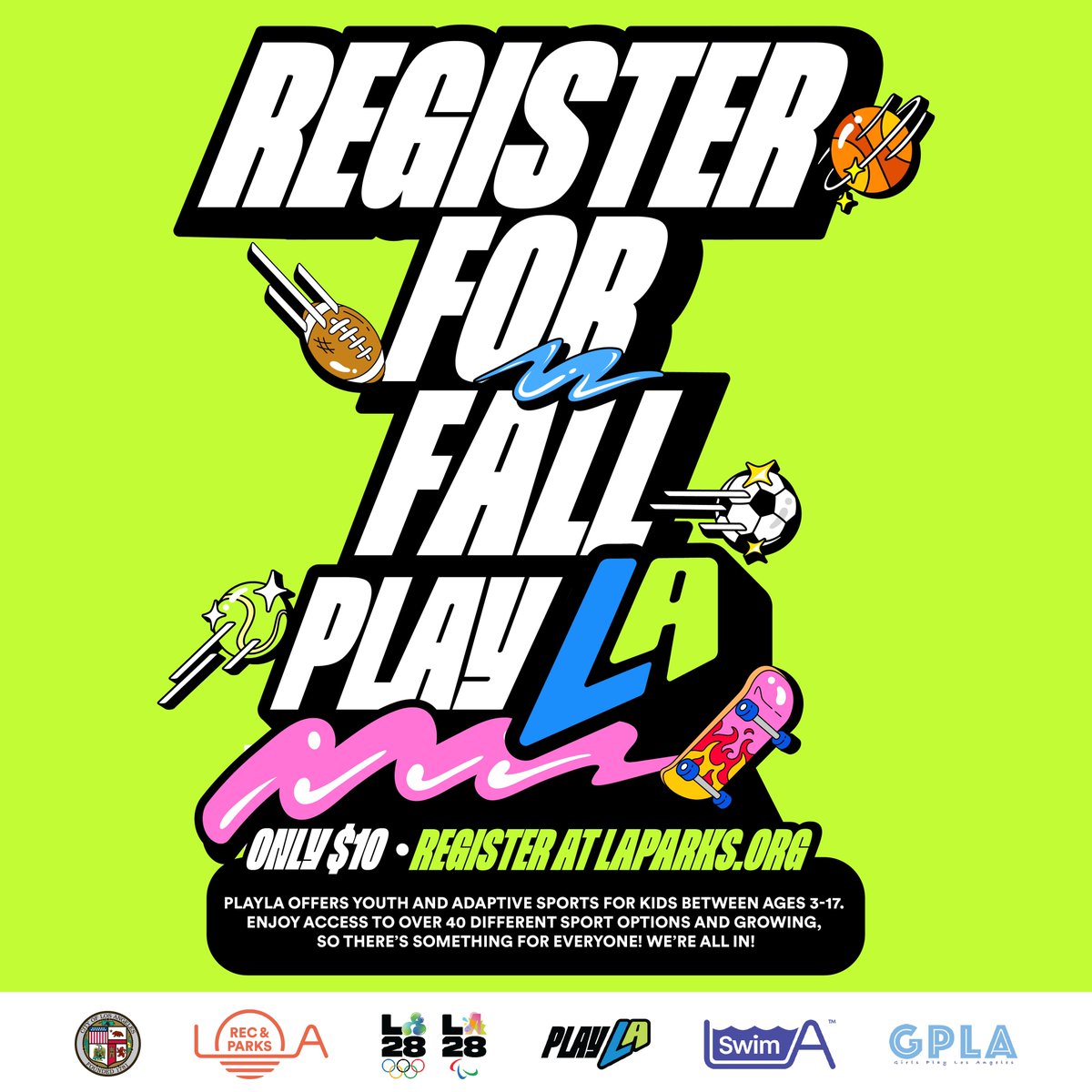 LACity's tweet image. PlayLA offers youth sports and adaptive youth sports classes and clinics for just $10 per program! 🏀🎾⚽️🏈Registration for PlayLA Leagues is open now. Registration for fall classes and clinics opens Monday, September 8, 2025. For more information, visit LAParks.org.