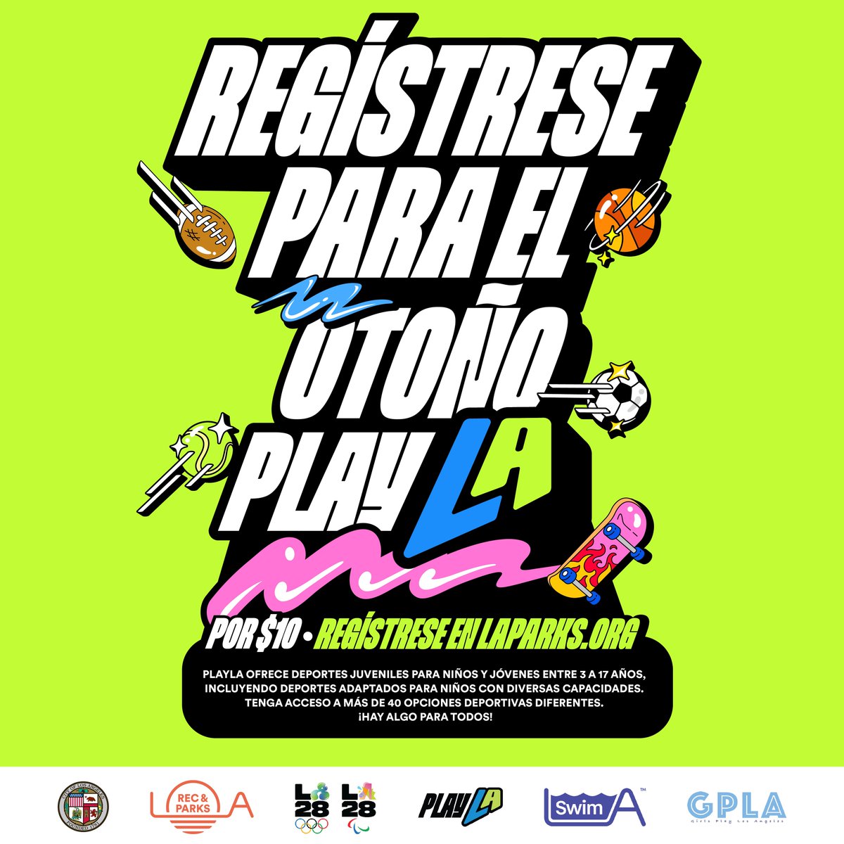 LACity's tweet image. PlayLA offers youth sports and adaptive youth sports classes and clinics for just $10 per program! 🏀🎾⚽️🏈Registration for PlayLA Leagues is open now. Registration for fall classes and clinics opens Monday, September 8, 2025. For more information, visit LAParks.org.