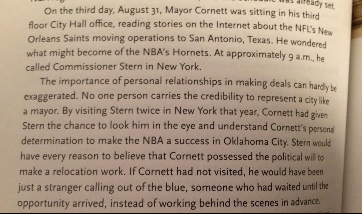 davidfholt's tweet photo. Oklahoma City’s current status as the reigning NBA champions is the latest milestone in a journey that began twenty years ago today. On August 31, 2005, then-Mayor @MickCornett picked up the phone and called Commissioner David Stern to offer OKC as the temporary home of the New Orleans Hornets.   (Excerpt below from my 2012 book “Big League City”)  (1/2)