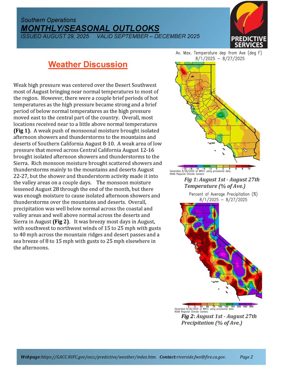 JhawkFire's tweet photo. 1/2 #Wildfire #SouthOpsPredictiveServices #Assessment_Outlook #Sept25_Dec25 #FireWeather #FireFuels #FireBehavior assessment.pdf @NWSLosAngeles @NWSSanDiego @NWS_IMET_OPS @NWSSPC @RichIMET @sawti_forecast https://t.co/Kt1pae3e1w