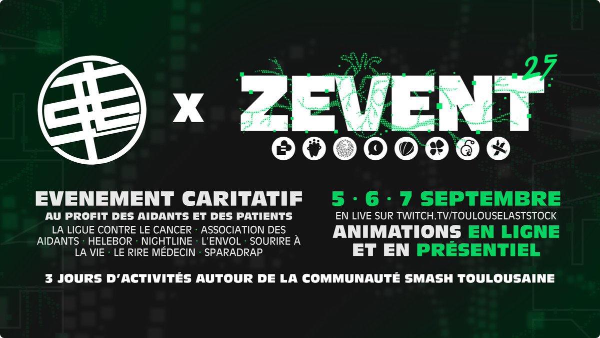 Vous en avez entendu parler en weekly et sur notre stream, TLS participera au ZEVENT le week-end prochain !

Rejoignez-nous sur notre stream les 5-6-7 septembre avec des activités autour de la communauté Smash Toulousaine au profit des aidants et des patients !