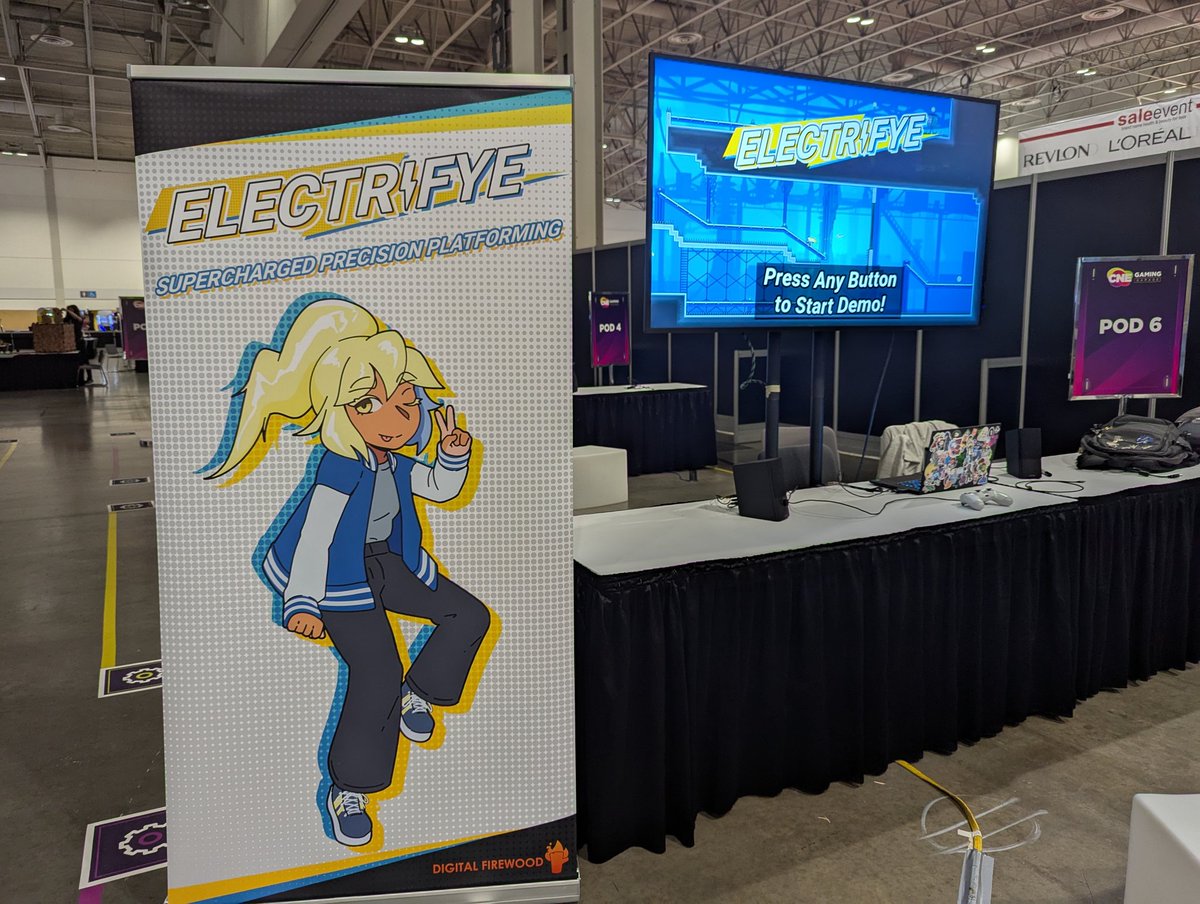 digitalfirewood's tweet photo. We're here at the CNE Gaming Garage! Come by our booth to get a chance to try Electrifye, our supercharged precision-platformer! We're here all day, so come by, say hi, and play some games!! https://t.co/eOBvZsIafR
