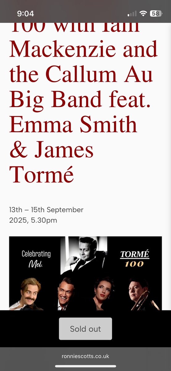 All five shows #soldout many weeks in advance. Thank you #London. 
A testament to <a href="/officialronnies/">Ronnie Scott's Jazz Club</a> , #IainMckenzie and #EmmaSmith, the two talented singers I’m appearing with, <a href="/callumaubigband/">Callum Au</a> and of course my father #MelTorme #MelTorme100 #soldout #jazzhistory