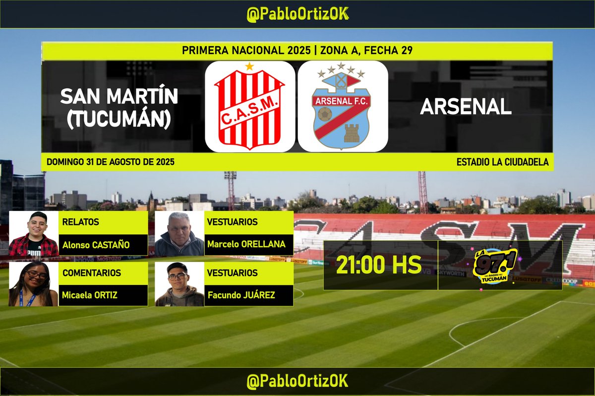 #PrimeraNacional🇦🇷 | #SanMartínTuc vs. #Arsenal
🎙️ Relata: <a href="/Alo_Castano/">Alonso 🏁</a>
🎙️ Comenta: <a href="/nicca_o/">Soy un 🦆</a>
🎙 Vestuarios: <a href="/MarceOrellana70/">Marcelo Orellana</a> y <a href="/FacundoJ19/">Facundo Juárez</a> 
📻: <a href="/RadioTucuman971/">🎤 La 97.1 RadioTucumán</a>
<a href="/SDeportivamente/">SabeloDeportivamente</a>
