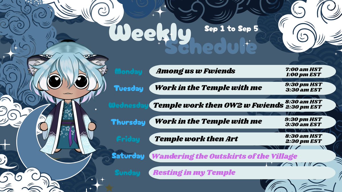 GOOD MORNINGGG

IM BACCKKKK did you miss me? Did you miss me? 

Pretty chill schedule this week, hopefully I can finish all my Temple work on Tuesday and Wednesday qwq

But yes, cant wait to see everyone again hehe :D