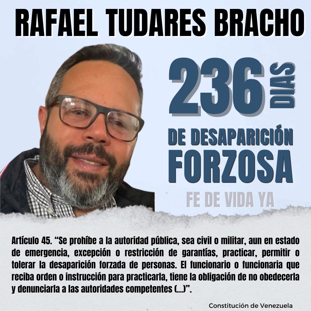 Mariana Gonzalez de Tudares (@marianagtudares) on Twitter photo Hoy domingo 31 de agosto volví al Rodeo I, centro de detención donde supuestamente tendrían a mi esposo Rafael Tudares Bracho
La respuesta de autoridades fue la misma: “Aquí no está”. 236 días sin fe de vida. Rafael sigue desaparecido forzadamente, detenido arbitrariamente (1/3) Hoy domingo 31 de agosto volví al Rodeo I, centro de detención donde supuestamente tendrían a mi esposo Rafael Tudares Bracho
La respuesta de autoridades fue la misma: “Aquí no está”. 236 días sin fe de vida. Rafael sigue desaparecido forzadamente, detenido arbitrariamente (1/3)
