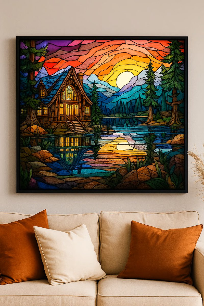 NateHartPrints's tweet image. 🏞️✨ Stained Glass Sunset Cabin captures rustic charm &amp;amp; glowing color. A cozy lakeside cabin reflects beneath a radiant stained-glass sky of orange, purple &amp;amp; gold. Perfect for nature lovers &amp;amp; cabin décor!

👉 printsbynatehart.com/b/8bDHB

#CabinArt #RusticDecor #WallArt