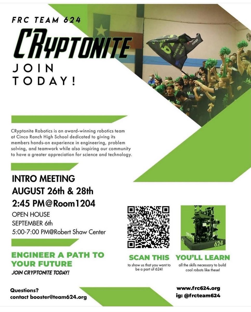 REPOST!!!! #CPOE

CRyptonite Robotics is hosting an Open House for parents and CRHS students. There will be snacks, a chance to ask questions and the opportunity to see where the robots are designed, built, and tested! 

Saturday Sept. 6
5-7 pm
Robert R. Shaw Steam Center