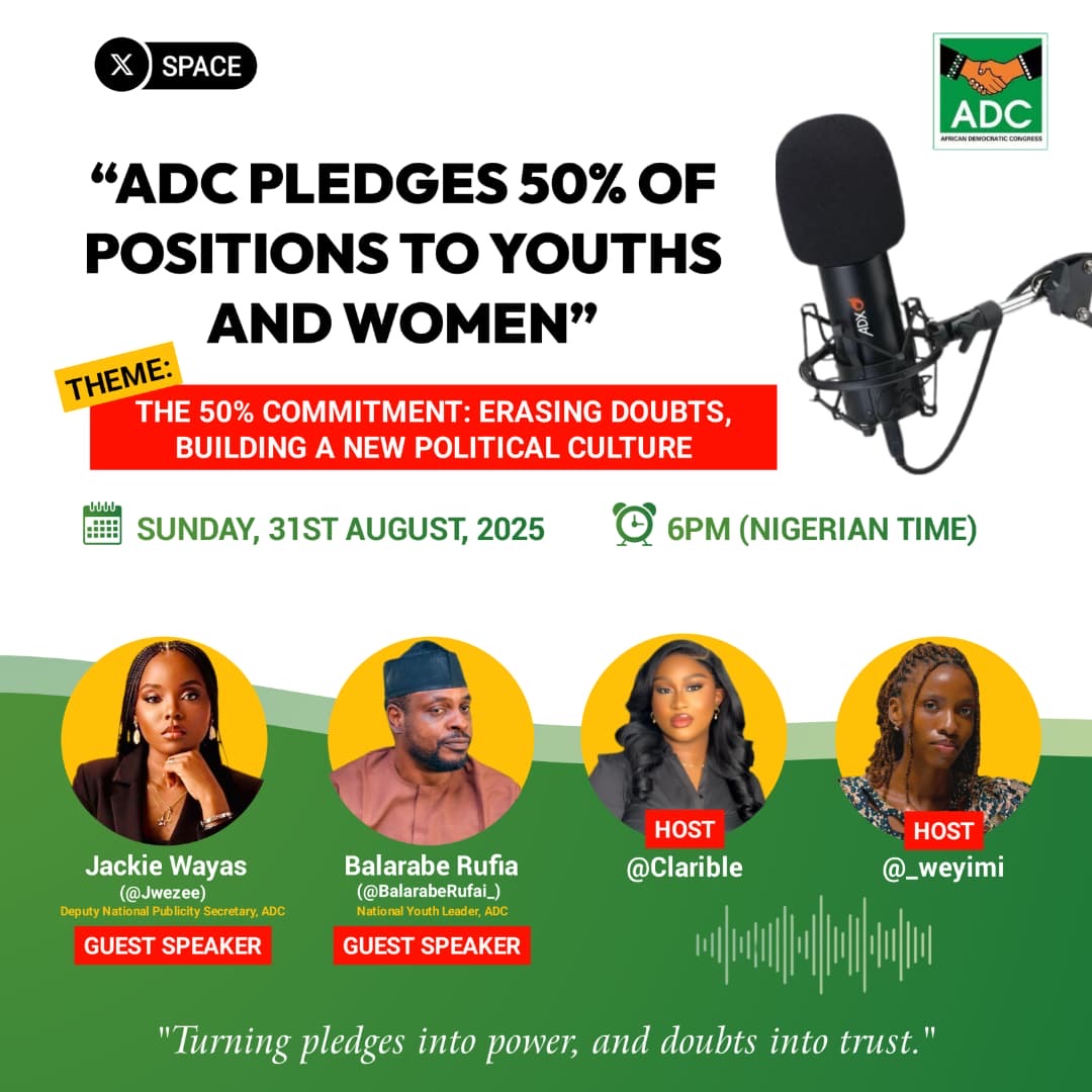 Join me in the next 30 minutes on a Twitter Space (X) for a live conversation that puts you at the center of change alongside <a href="/JWEZEE/">Jackie</a>
, <a href="/clarible/">Barrister Rissa™</a> and <a href="/_weyimi/">Wẹyimi B. Lubẹ (A powerful voice)𓃵</a>
We’ll be sharing how our movement is breaking old barriers by reserving 50% of leadership positions for youths and women.