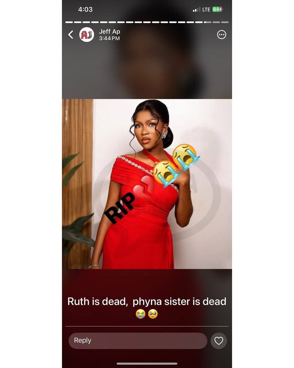 🚨💔 Trending Now: The SUG president of Phyna’s sister Ruth’s university allegedly posted on WhatsApp that Ruth has p@ssed away.

(News still unverified, but currently making rounds online).