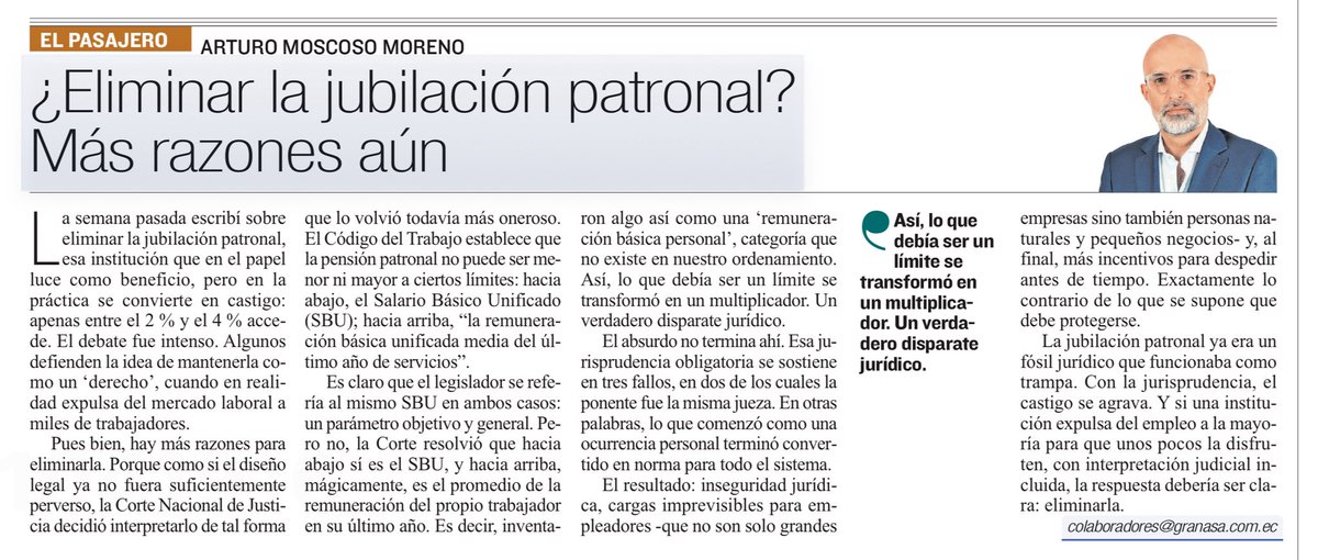 Sí, ya escribí sobre la jubilación patronal y no quiero sonar repetitivo. Pero en el debate también hay que mirar la jurisprudencia: lo que debía ser un límite terminó convertido en un multiplicador. Otra razón más para eliminar un fósil jurídico que castiga a la mayoría.