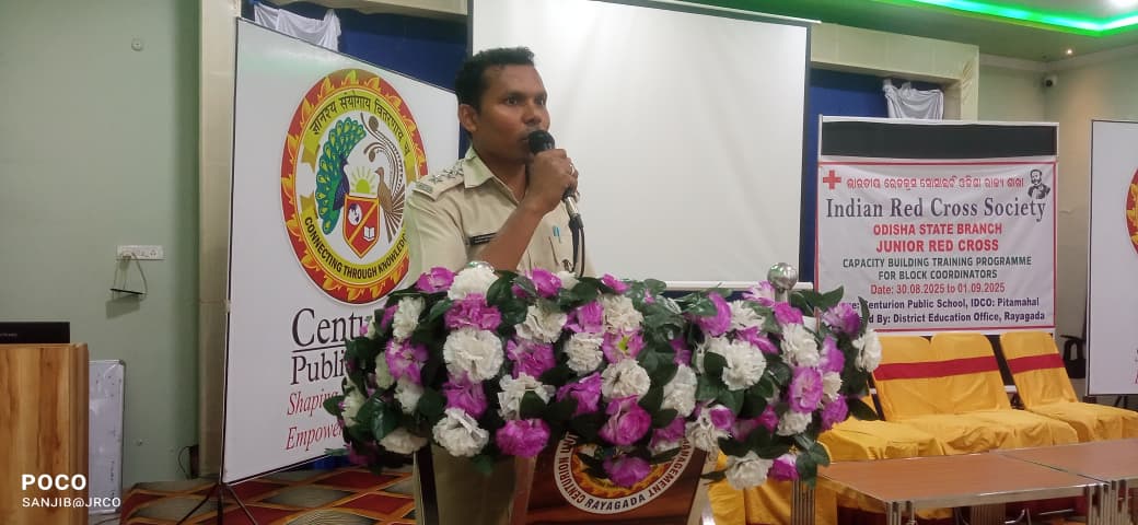 Traffic Inspector, Rayagada conducted a Road Safety awareness session for Junior Red Cross members during the Block Level Capacity Building Training Program at Centurion Public School, IDCO, Pitamahla.