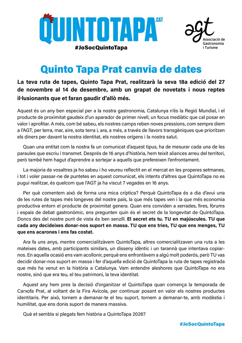 📢#QuintoTapa Prat canvia de dates

📲 La teva ruta de tapes, realitzarà la seva 18a edició del 27 de novembre al 14 de desembre, amb un grapat de novetats i nous reptes il·lusionants que et faran gaudir d’allò més.

Aquí podeu llegir el nostre comunicat

goo.su/Glhojvf