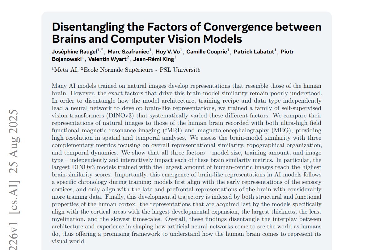 👁️ Why vision models are becoming more like the brain

Researchers tested what exactly makes computer vision representations closer to the human brain. It turns out that all the key ingredients matter together: the scale of the model, the length of training, and the type of data