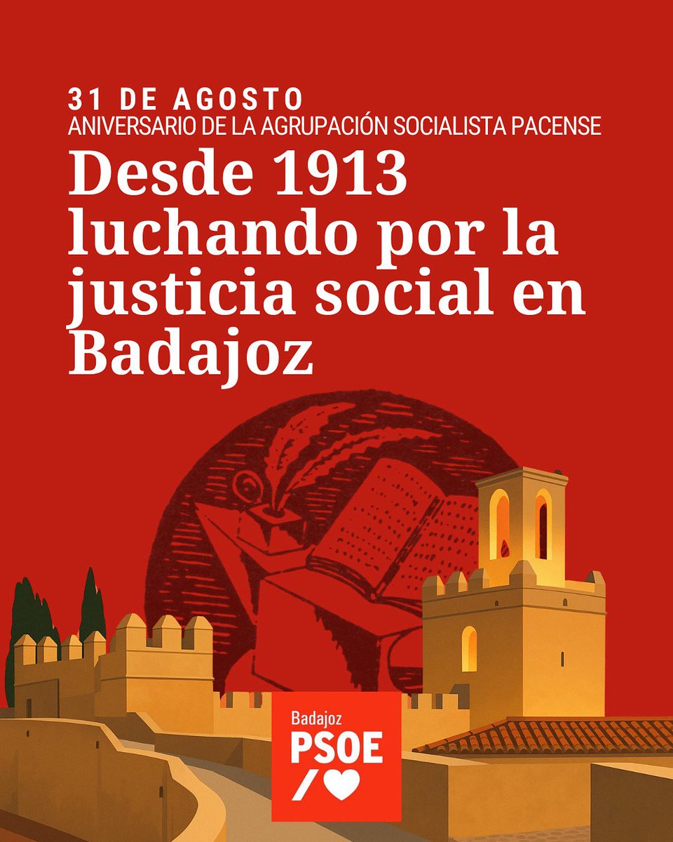 PSOE Badajoz /❤️ (@psoebadajoz) on Twitter photo 📅 Hoy, 31 de agosto, celebramos 112 años de historia socialista en #Badajoz.
En 1913 nació la Agrupación Socialista Pacense: voz del pueblo, lucha por igualdad, justicia social y democracia.
🌹 112 años después, seguimos construyendo ciudad y esperanza.
#VamosConBadajoz #PSOE 📅 Hoy, 31 de agosto, celebramos 112 años de historia socialista en #Badajoz.
En 1913 nació la Agrupación Socialista Pacense: voz del pueblo, lucha por igualdad, justicia social y democracia.
🌹 112 años después, seguimos construyendo ciudad y esperanza.
#VamosConBadajoz #PSOE