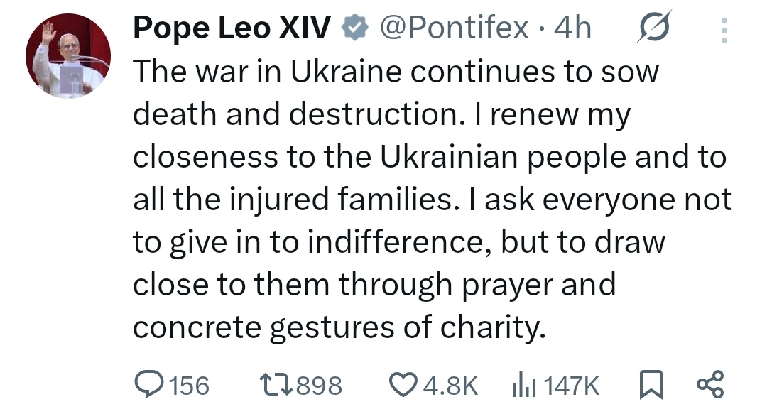 教皇再次为乌克兰发声：

乌克兰战争继续播种死亡和破坏。我再次对乌克兰人民和所有受伤的家庭保持密切关注。我要求每个人不要屈服于冷漠，而是通过祈祷和具体的慈善姿态来帮助他们。