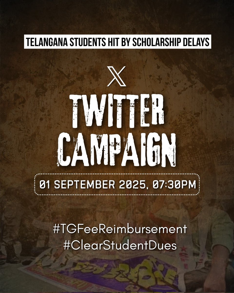 SIOTelangana's tweet photo. Telangana students hit by Scholarship Delays

📢 Join X (Twitter) Campaign

Hashtags to use:
#TGFeeReimbursment
#ClearStudentDues

🗓️ Date: 01/09/2025 (Monday) Tomorrow❗
🕢 Time: 07:30PM https://t.co/y9Oqnw9xEU