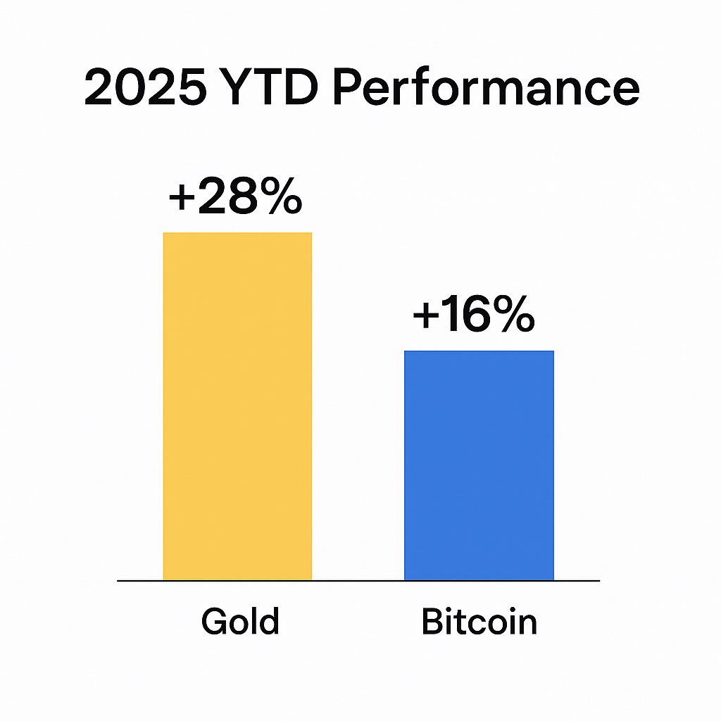 TradingWat's tweet image. Gold is crushing Bitcoin in 2025.
• Gold is up ~28% YTD.
• Bitcoin is up ~16% YTD.

Two very different hedges:
– Gold thrives in equity drawdowns.
– Bitcoin shines when macro risk fades.

A “hedge” isn’t a hedge. Position accordingly.