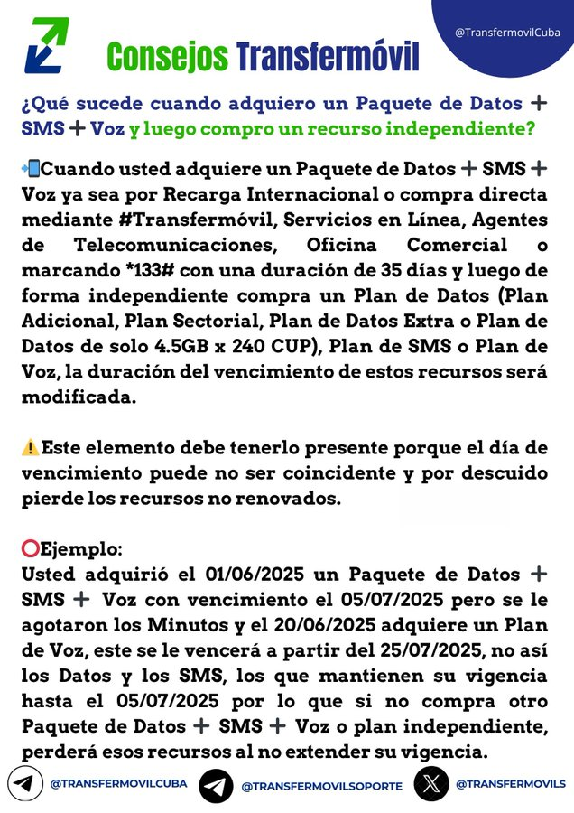 💥No todos aún lo entienden!!!
👉 Si compras un plan Solo de DATOS los recursos acumulados de VOZ y SMS NO extienden su vigencia. Debes comprar, antes de su vencimiento, un plan combinado o planes para cada caso.
Aquí consejos para que lo expliques con detalles. 👇
#EtecsaConCuba