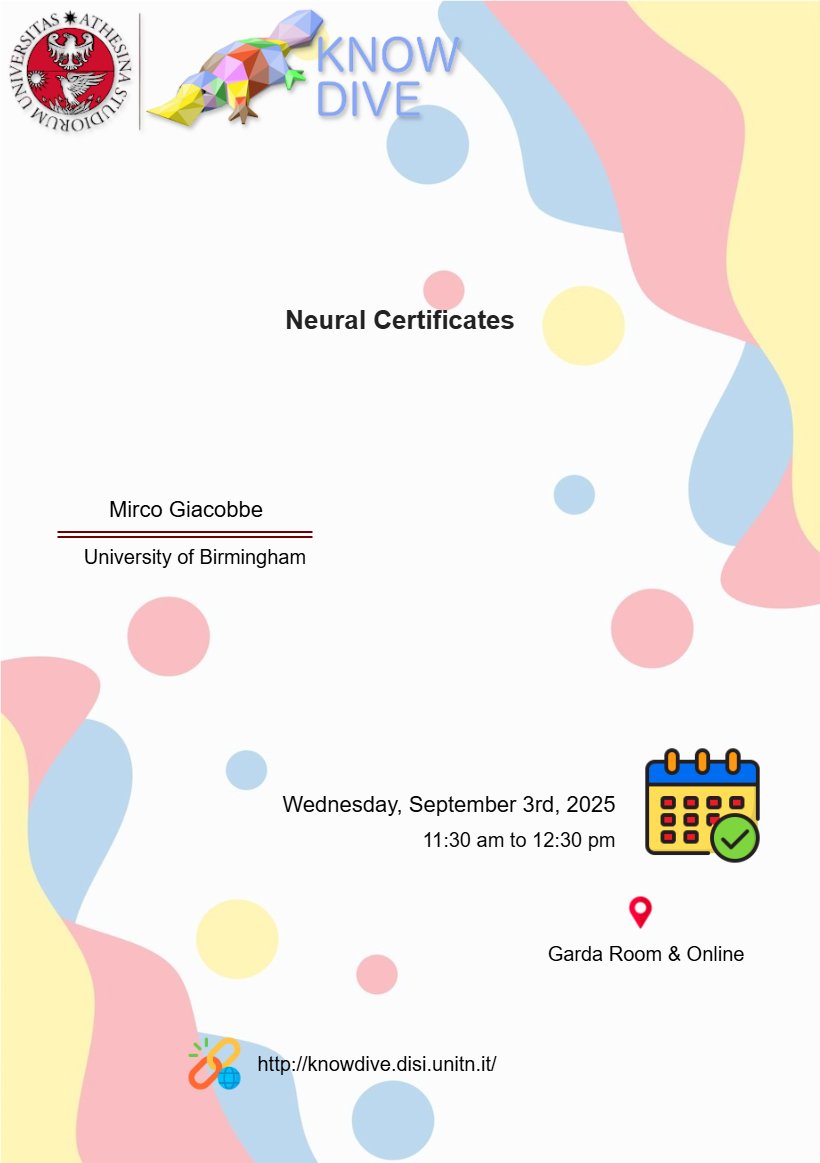 Join us for a Knowdive Group seminar on Wednesday, September 3, from 11:30 am to 12:30 pm (CEST). Mirco Giacobbe will present "Neural Certificates".   Tune in at: meet.google.com/njx-eqsk-emp