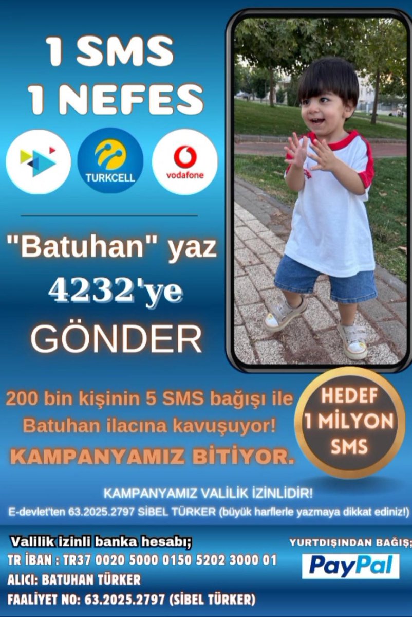 Batuhan, Duchenne Musküler Distrofi (DMD) hastası bir çocuk. Her geçen gün kaslarını kaybediyor ve nefes almak giderek zorlaşıyor. Ancak bizler küçük bir adım atarak onun hayatını değiştirebiliriz.
Siz de 1 SMS ile Batuhan’a nefes olabilirsiniz. Yapacağınız küçük bağış, onun