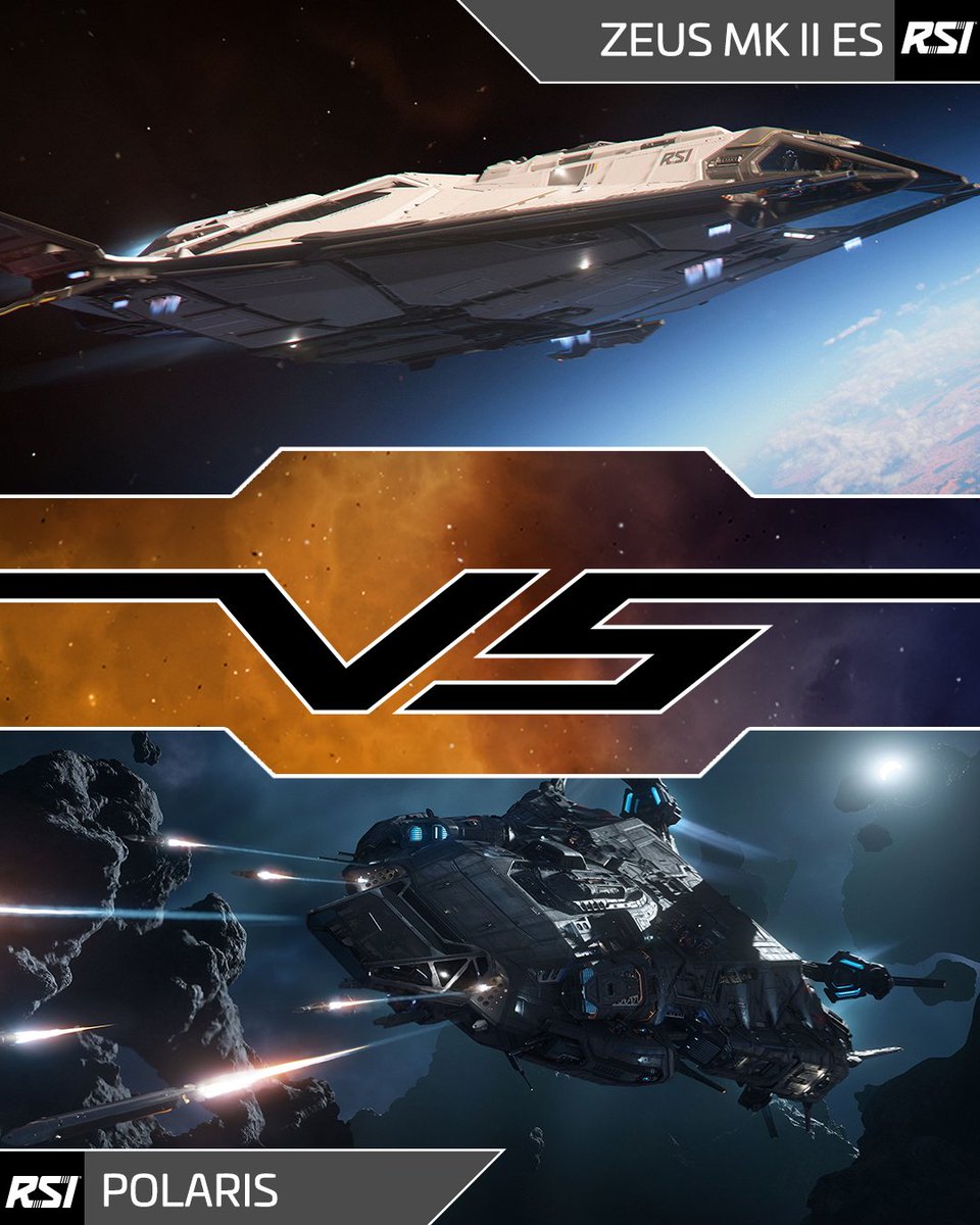 RobertsSpaceInd's tweet image. We&apos;re back with another sibling face-off, this time featuring two RSI legends in their own right.

Will you vote for the Zeus MK II ES that flies the stars, or the Polaris who commands them?

Make Your Vote Count: play.sc/shipshowdown
