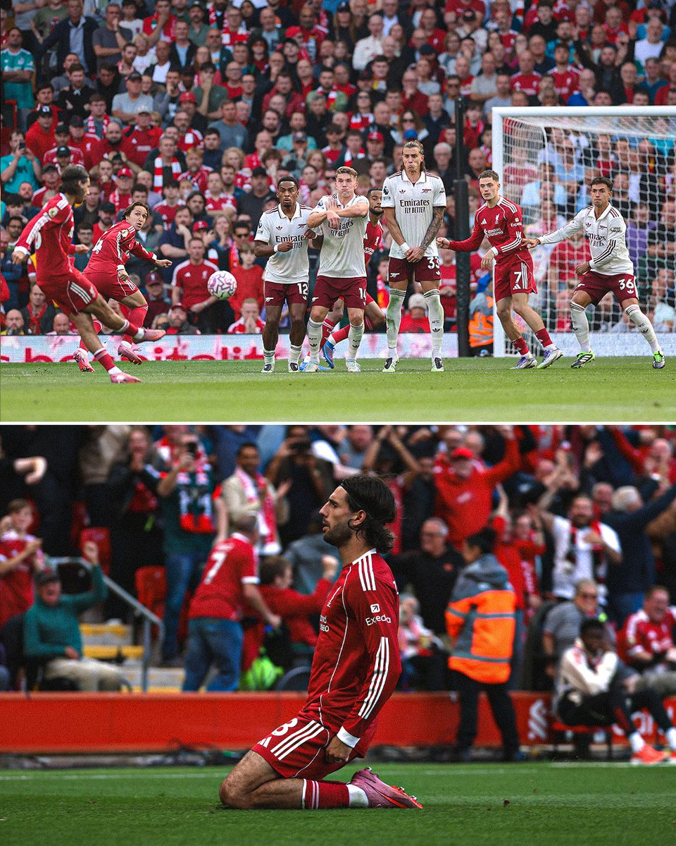 Dominik Szoboszlai with a beauty of a free-kick to give Liverpool the lead against Arsenal 😍

It was from 32.3 yards away, making it the furthest distance goal this season 🚀