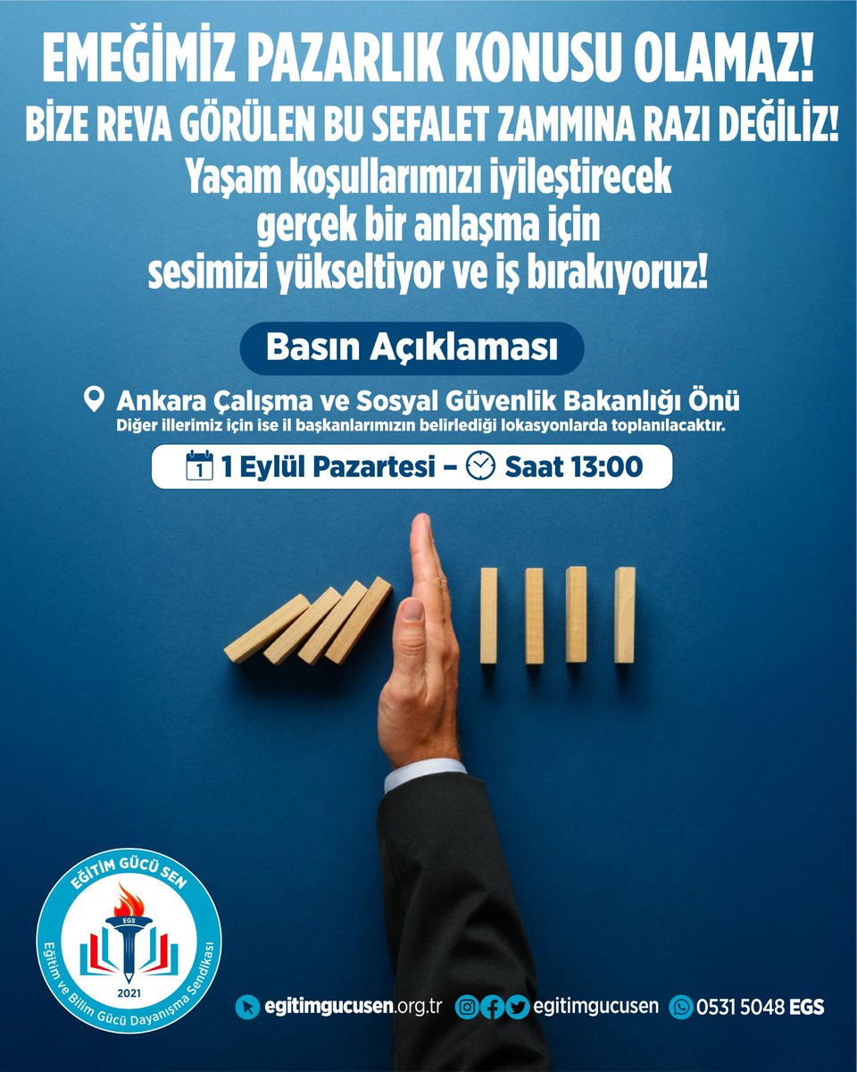 Eğitim Gücü Sen olarak memurların ekonomik ve sosyal hakları için 1 Eylül’ de meydanlarda olacağız!  Artan hayat pahalılığını adeta görmezden gelerek  yapılan zamlara (!) karşı memur ve emeklilerimizin yanındayız. Bu sese güç verin! #EğitimGücüSenMemurla