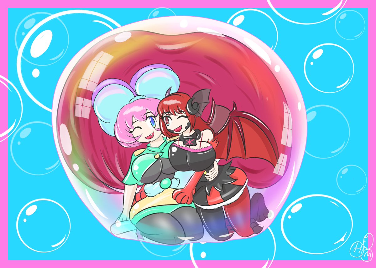Commission for <a href="/DRACOGAMING69/">Fluffy Draco</a>, featuring their likeness (the right) with my Mia (the left) having a lovely cuddle session in a bubble.