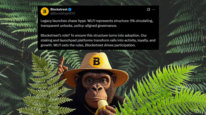 Blockstreetの帽子をかぶったサルのミーム画像：WLFI採用の投稿を示す