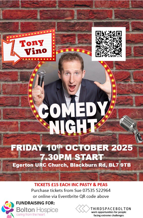 Thrilled to have the superb <a href="/tonyvino/">Tony Vino</a> coming to Bolton. Fundraising event <a href="/3rdSpaceBolton/">Third Space Bolton</a> and <a href="/boltonhospice/">Bolton Hospice</a>.  Online sales on this link: eventbrite.co.uk/e/164777236449…