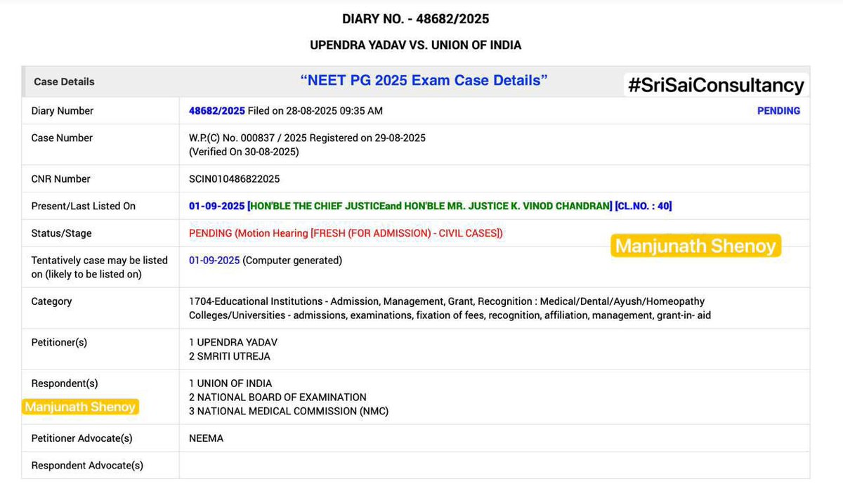 medicopenia_155's tweet image. NEET PG CASE 2025 “UPENDRA YADAV AND ANR. Vs. UNION OF INDIA AND ORS.” is listed on 01-09-25 in Court No 1 SUPREME COURT OF INDIA. @advsatyamrajput 
#neetpg2025 #supremecourtindia 
#NEETPG #NEETPG2025 @DrDhruvchauhan @Lap_surgeon  @Vivekpandey21