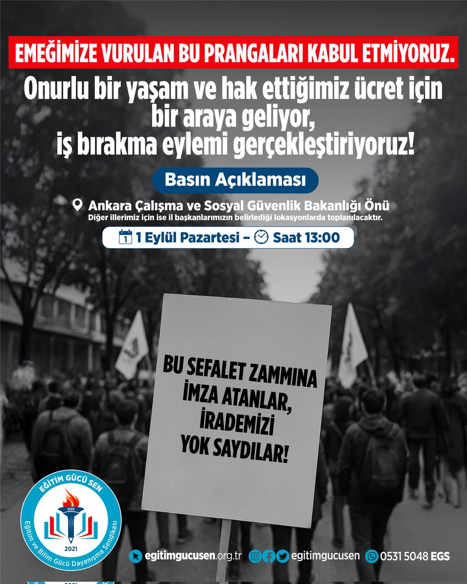 Toplu sözleşme değil, aldatmaca! Milyonların emeği yine yok sayıldı. Yoksulluğa mahkûm değiliz! Yarın, 1 Eylül 13.00’te Çalışma Bakanlığı önündeyiz!
#EğitimGücüSenMemurla