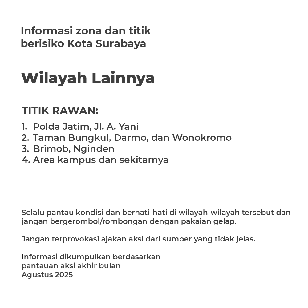 Untuk warga Kota Surabaya, berikut ada pemetaan titik-titik yang rawan bentrokan, cegatan, sweeping pasca aksi akhir Agustus ini. Dapat digunakan untuk referensi bepergian dan beraktivitas.

*Disclaimer: TIDAK ADA SERUAN AKSI HARI SENIN.*