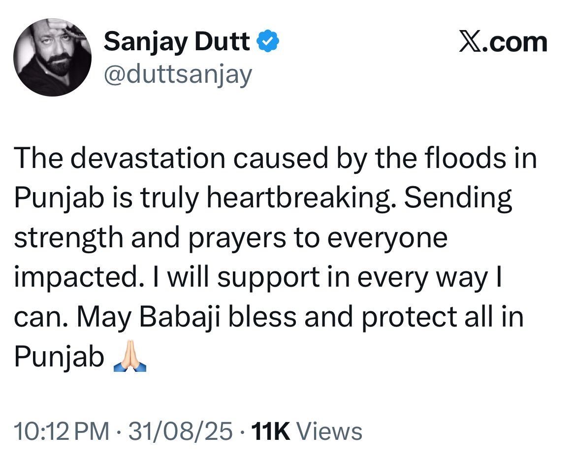 Sanjay Dutt speaks up on Punjab floods, when most of the ‘National leaders’ and channels are maintaining silence.
