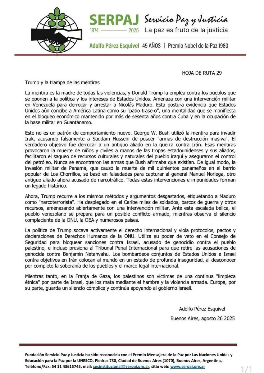 El laureado del Premio Nobel de la Paz, Adolgo Pérez Esquivel, denunció el despliegue militar del Gobierno dé #EstadosUnidos 🇺🇸 en el Caribe y la campaña de acusaciones contra el presidente de #Venezuela 🇻🇪, Nicolás Maduro.