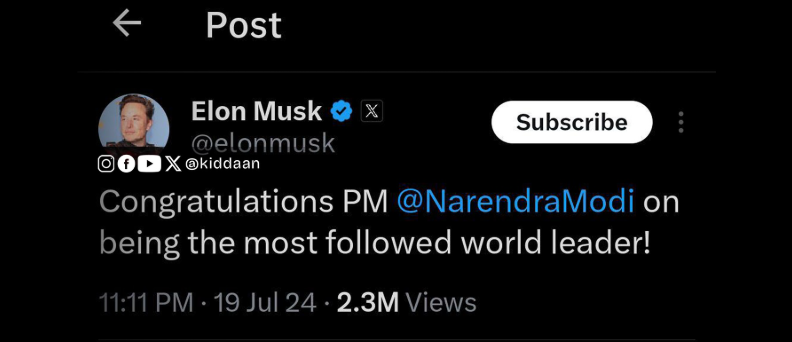 ParrotMystery's tweet image. インドのモディ首相の日本訪問で、X では残念ながら排外的なコメントが目立ちましたが、インドを「土人の国」と揶揄した人々は、モディ首相が「世界で最も SNS に長けたリーダー」ということを知っておいてもいいかも。
リンクは昨年フォロワー数 1億人に達した折のイーロン・マスクの祝福投稿。
1/