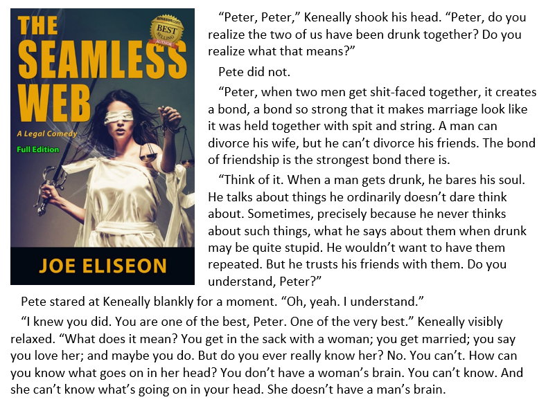 An instance of male bonding, such as occurs in the legal sphere, makes up this scene in Joe Eliseon's side-splitting debut novel, THE SEAMLESS WEB
Kindle eBook or Amazon Paperback: amzn.to/1MRJ3it
#BookBoost
4-0050