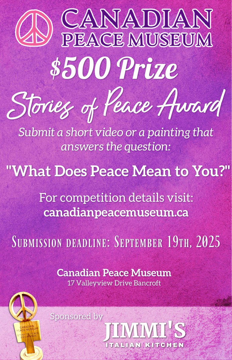 Tell you what peace means to you, and you could win $500.

Share a short video or painting before 19 September for your chance to win.

canadianpeacemuseum.ca/awards