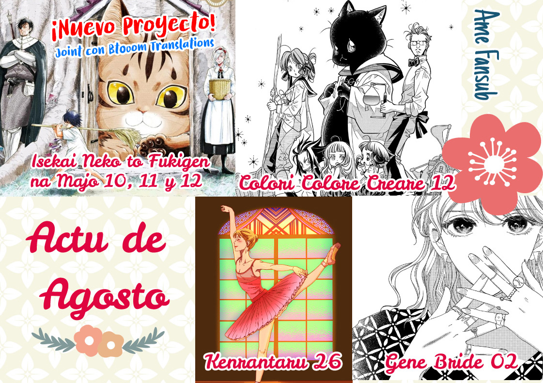 ¡ACTU DE AGOSTO!   
¡Estrenamos Isekai Neko junto a <a href="/BtooomT/">Btooom Translations</a> con 3 caps!
¡Seguimos con Colori, Kenrantaru y Gene Bride!

Descarga: amefansub.tumblr.com
TMO: zonatmo.com/groups/34/ame-…
(Ahora mismo no me va TMO, así que solo están para descargar. En un rato pruebo de nuevo)