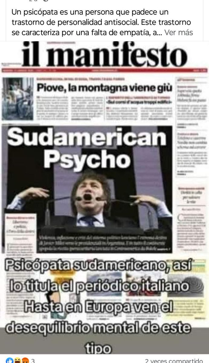 "PSICÓPATA SUDAMERICANO"
Así lo califica un diario Italiano en tapa 🤦
Y yo agrego, maledetto figlio di puttana
#KarinaEsAltaCoimera
