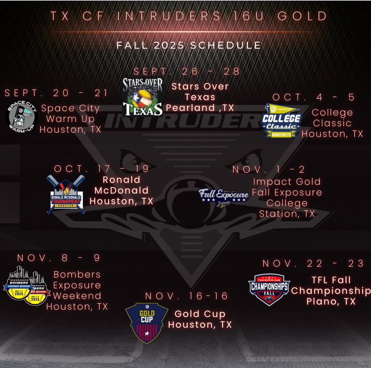 TX CF Intruders 18U Gold Program (@txintruders_gld) on Twitter photo 16U Roster and Schedule drop for the fall. A talented group that is ready to compete in these high level tournaments! Going to be a great few months ! 16U Roster and Schedule drop for the fall. A talented group that is ready to compete in these high level tournaments! Going to be a great few months !