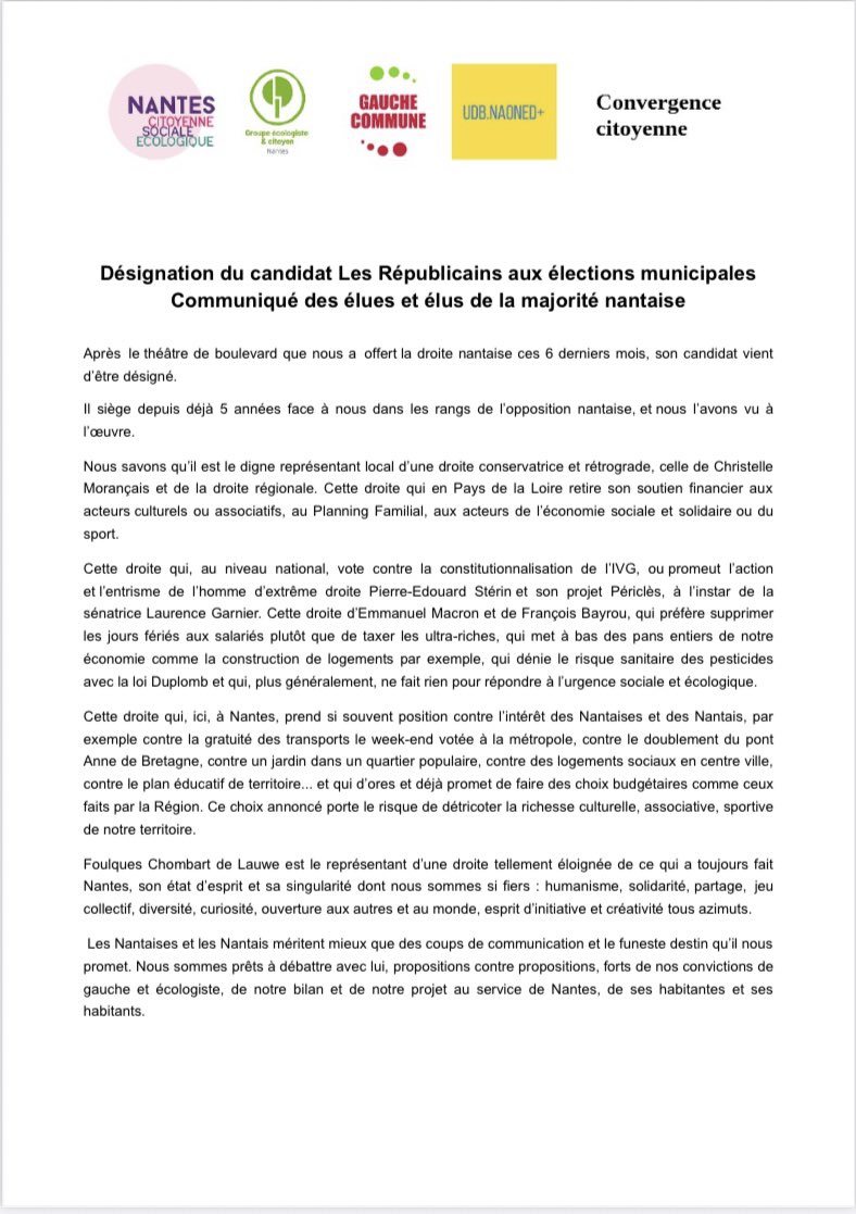 bassalaicha's tweet image. La droite Nantaise a choisi un candidat rétrograde plus occupé à détruire qu’à construire. Un candidat qui manie la brutalité et la grossièreté ! Notre ville mérite une Maire qui rassemble, pas qui fracture. Avec lui, c’est beaucoup d’idéologie, sans vision et sans proposition !
