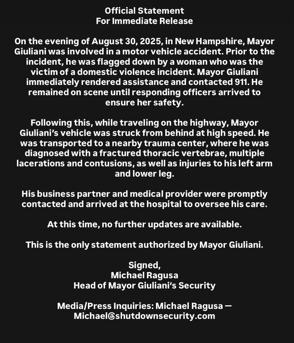 Michael Ragusa (@themikeragu) on Twitter photo <a href="/RudyGiuliani/">Rudy W. Giuliani</a> was in a car accident in NH on Aug 30 after assisting a domestic violence victim. He sustained injuries but is in good spirits and recovering tremendously. Thank you for the prayers & support. 🙏 official statement below. <a href="/RudyGiuliani/">Rudy W. Giuliani</a> was in a car accident in NH on Aug 30 after assisting a domestic violence victim. He sustained injuries but is in good spirits and recovering tremendously. Thank you for the prayers & support. 🙏 official statement below.