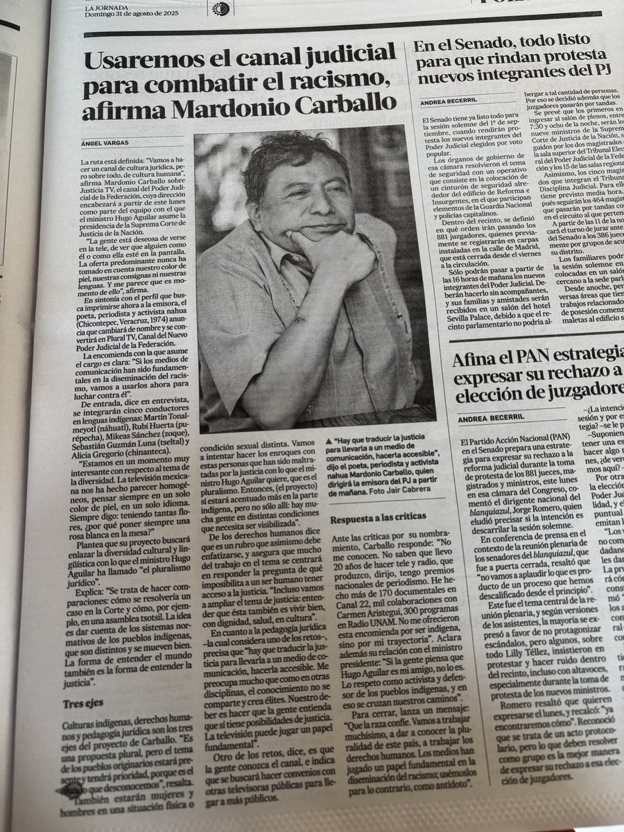 Jenaro Villamil (@jenarovillamil) on Twitter photo Anuncia <a href="/mardoniocarbalo/">Mardonio Carballo. Estrictamente Personal.</a> una transformación radical en el canal del Poder Judicial, <a href="/JusticiaTV_MX/">JusticiaTV</a>, para incorporar conductores y conductoras en lenguas indígenas y para impulsar el “pluralismo jurídico”. <a href="/lajornadaonline/">La Jornada</a> Anuncia <a href="/mardoniocarbalo/">Mardonio Carballo. Estrictamente Personal.</a> una transformación radical en el canal del Poder Judicial, <a href="/JusticiaTV_MX/">JusticiaTV</a>, para incorporar conductores y conductoras en lenguas indígenas y para impulsar el “pluralismo jurídico”. <a href="/lajornadaonline/">La Jornada</a>