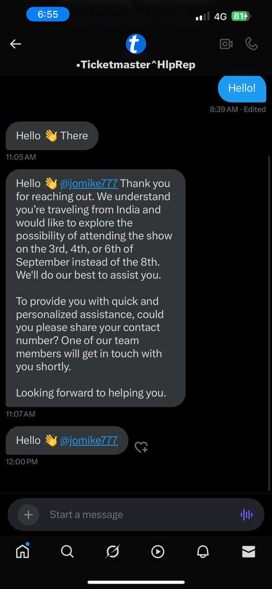 jomike777's tweet photo. @TicketmasterCS Also, would like to know if this is genuine. I got a DM from someone named Ticketmaster help rep! Whatever, I need help to attend the event early i.e, 3,4 or 6th September. Please help!! https://t.co/X6Se8KDR7Z