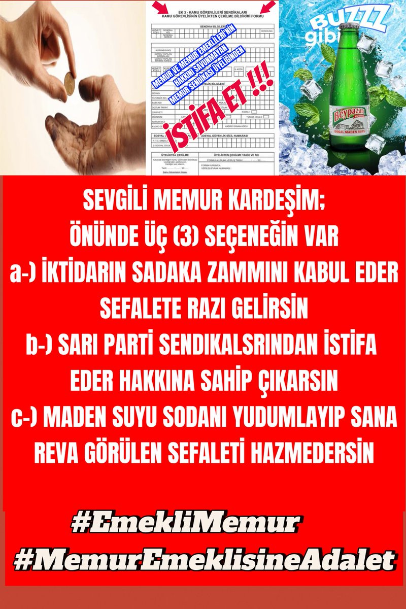 📍Haydi Memur kardeşim
📍Senin hak kaybının mücadelesini vermeyen Sarı renkli, parti sendikalarıyla yollarını ayırma zamanı
📍Gün hakkına, hukukuna, emeğine sahip çıkma zamanı.
📍Seni yok sayan, sana rağmen, uyarılarına rağmen hakem ve toplu iş sözleşmesi tiyatrosuna figüranlık